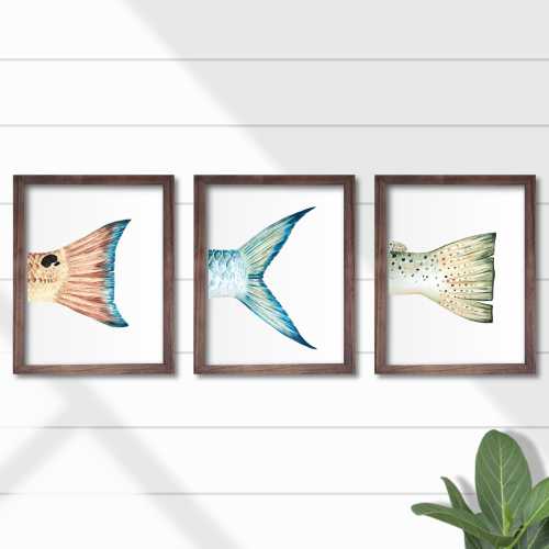 Watercolor Redfish, Tarpon, Speckled Sea Trout Fish Tails Trio, Inshore Fishing Art Prints, Saltwater Slam, Florida Coastal Wall Decor