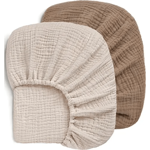 Pro Goleem Muslin Crib Sheets, 100% Cotton Crib Sheets for Boy Girl, 2 Pack Breathable Soft Neutral Baby Bed Sheets Set, Fits Standard Crib Mattress & Toddler Mattress 52"x28", (Brown＆Beige)