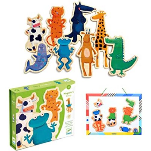 DJECO Crazy Animal Mix & Match Wooden Magnets - Cute Animal Toys for Toddlers - Fun & Creative Activity for Family & Friends - Magnetic Toy for Children 2+ Years Girls & Boys