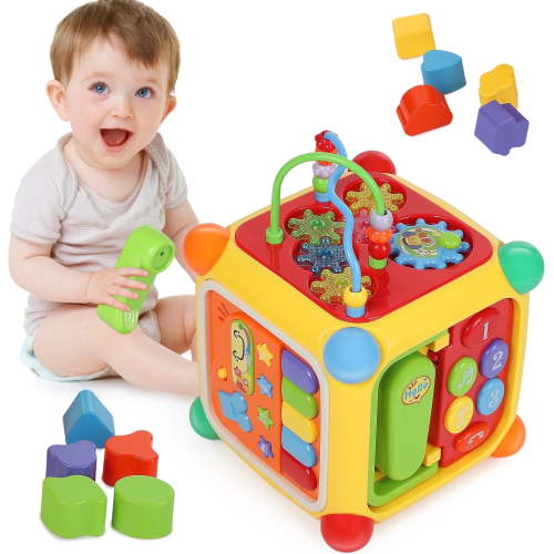 Aikidkit 6-in-1 Baby Activity Cube with Music, Montessori Learning Toys for Toddlers Kids 6-36 Months, for Birthday Christmas Baby Shower Gifts, Colorful