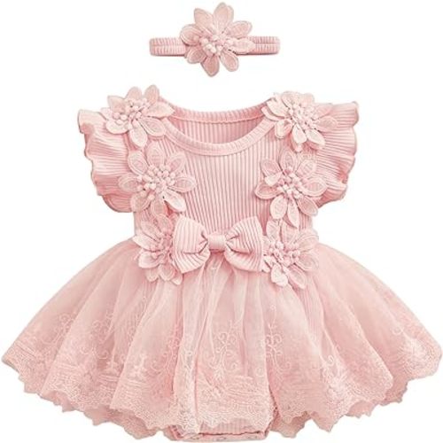 Karwuiio Newborn Baby Girl Romper Dress Short Sleeve Mesh Tutu Dress Baby Girls Lace Mesh Jumpsuits with Headband