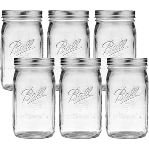 Ball Wide Mouth Glass Mason Jars with Lids and Bands, Used for Canning, Pickling, Juice, Jam, Jelly, Quart Size 32 Ounce (Pack of 6)