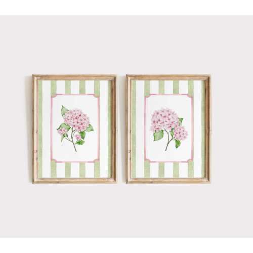 Set of 2 Pink Hydrangea Wall Art Prints, Grandmillennial Floral Decor with Green Stripe Border, Cottage Core Home Decor