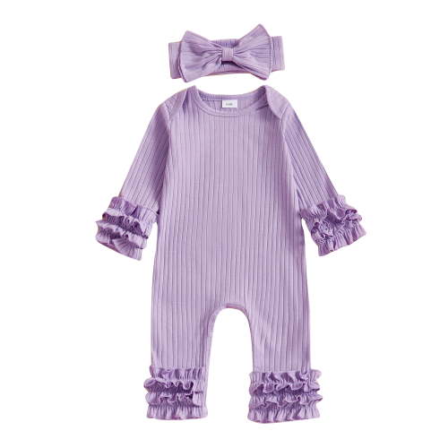 BemeyourBBs Preemie Baby Girl Spring Summer Fall Winter Clothes Baby Girl Newborn Hospital Going Home Outfit Ribbed Romper Solid Color Ruffled Long Sleeve Full Length Jumpsuit with Bow Headband
