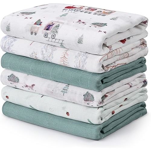 GLLQUEN BABY Receiving Blanket Boy Cotton Muslin Swaddle Blankets Girl Newborn Squares Breathable & Soft Thin Baby Blankets Cloths Double Absorbent Infant Swaddling Wrap - 6 Pack (Pine Tree & Train)