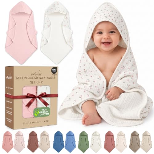 100% Organic Cotton 2 PK Muslin Baby Hooded Towels Newborn 32x32in | Oeko-TEX Certified, Bath & Hooded Towels, Toddler Towels With Hood, Toddler Bath Towels, Blush & Ivory Floral For Baby Girls