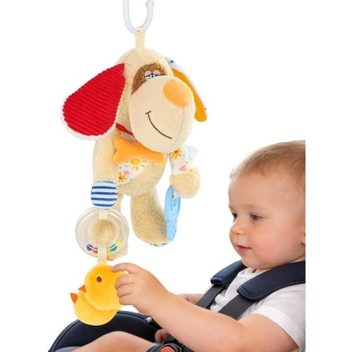 Baby Car Seat Toys Hanging - Baby Sensory Toys for 6 7 8 9 10 11 12 Months with Teether, Rattles, Montessori Travel Plush Toy for Roadtrip Newborn Infant Boys Girls Gift