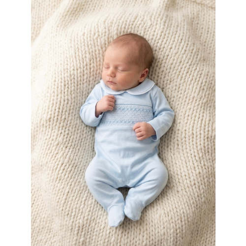 Smocked Pale Blue Sleepsuit – Ella Marina Baby