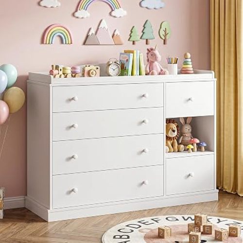 Vabches Kids Dresser Cabinet with Changing Table, Baby Dresser, White