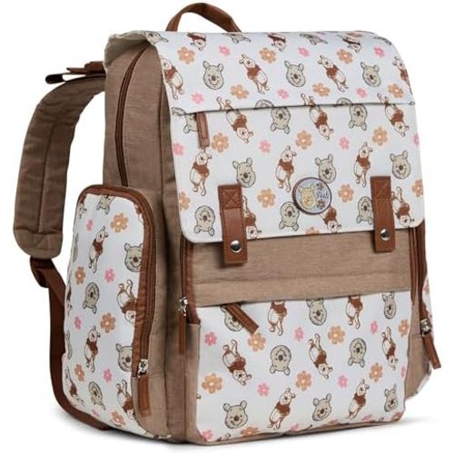 Disney Diaper Bag Backpack with Changing Pad Winnie the Pooh – 16” Nylon Baby Bag for Parents, Insulated Bottle Holders, Multiple Storage Pockets