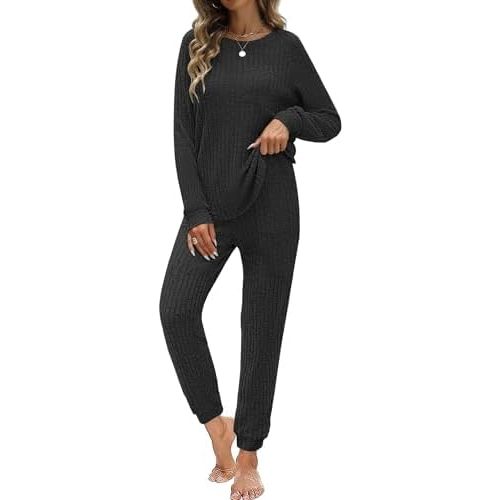 JUSTFASHIONNOW Womens Ribbed Knit Lounge Set 2 Piece Outfits Long Sleeve Pajama Set Loungewear Jogging Sweatsuits