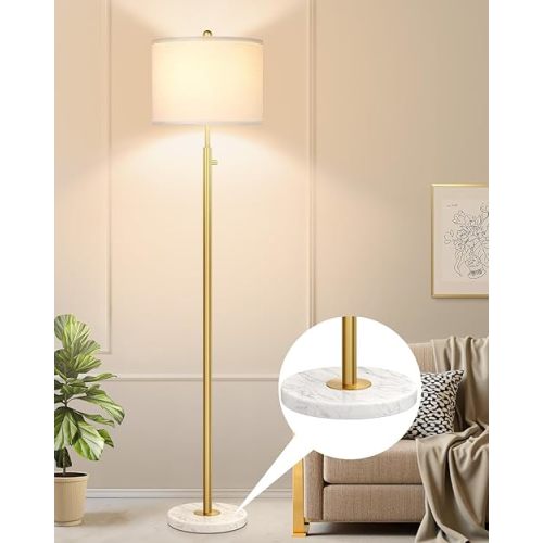【Upgraded】Dimmable Gold Floor Lamps for Living Room, 11W LED Bulb Included, Modern Standing Lamp with Marble Base, Tall Pole Light with White Linen Shade for Bedroom Reading Office Corner Nursery