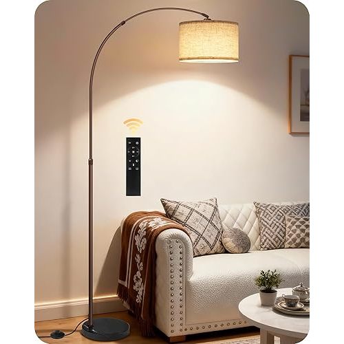 75" Arc Floor Lamp with Marble Base and Adjustable Height, Rotating Hanging Shade, Dimmable Floor Lamp for Living Room with Remote and Foot Switch, 3CCT, Over Couch Arched Light, Beige Brown VE15LD05