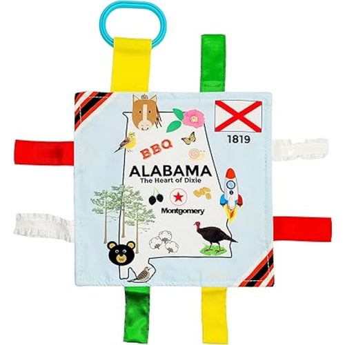 Baby Jack & Co 8x8” Learning Lovey Alabama State Tag Stroller Toy for Babies - Crinkle Toys for Developing Five Senses - Learn About Capitals - Travel with Baby Jack - BPA Free Clip