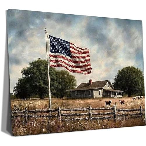 Patriotic Wall Art Decor - Vintage American Flag Canvas Print, Framed USA Patriotic Decorations for Home, Fourth of July Decor, Red White Blue Wall Decor for Living Room, Classroom,Bedroom & Office Gifts for Family Member and friends