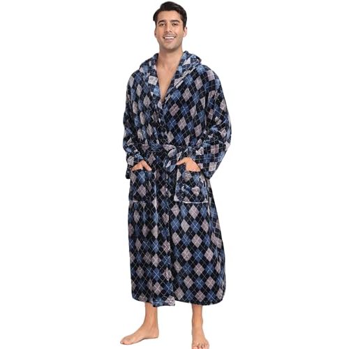 Men's Plush Hooded Bathrobe Winter Warm Fleece Robes Soft Flannel Long Robes with Pockets, Full Length