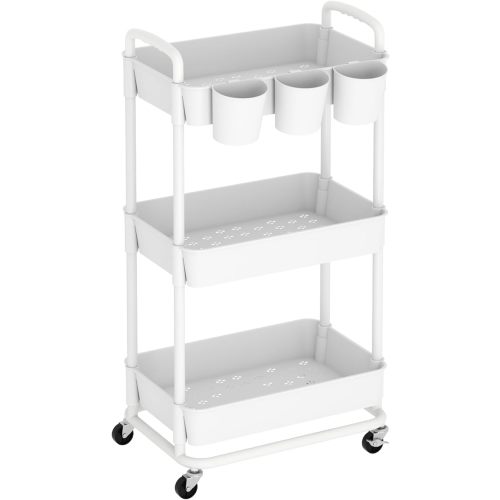 3-Tier Baby Diaper Caddy Organizer Cart with Locking Wheels & Hanging Cups - Rolling Storage Cart for Nursery, Changing Table, Baby Essentials,White