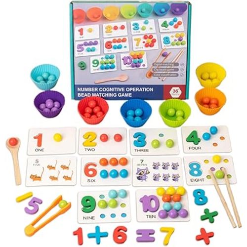 Montessori Arithmetic Math Toy Set,Montessori Arithmetic Kit,Silicone Number Learning Set with Beads,Number Cognitive Clip Bead Matching Gamefor Early Childhood Educational Activities (1Set)