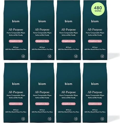 Biom All-Purpose Cleaning Wipes Refill (8pk x 60ct Each) - Biodegradable, All Natural, Plant-Based, Non-Toxic Wipes for Home & Travel - Kid & Pet Friendly (Grapefruit)
