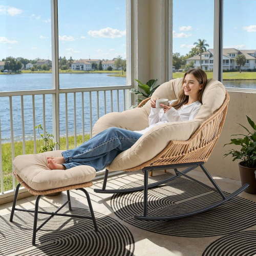Papasan Rocking Chair with Ottoman,Oversized Papasan Chair with Padded Cushion, Indoor & Outdoor Rocker Chair for Living Room, Patio, Garden, Beige