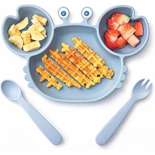 ROCCED Suction Plates for Baby, Silicone Plates with Suction Divided, Baby Spoon Fork Set for Toddler Baby Dishes Kids Utensils-Crab Dusty Blue