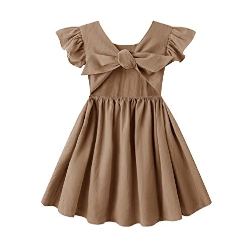 Dutebare Toddler Girls Dress Cotton Linen Ruffle Backless Sleeveless Kids Casual Party Dresses