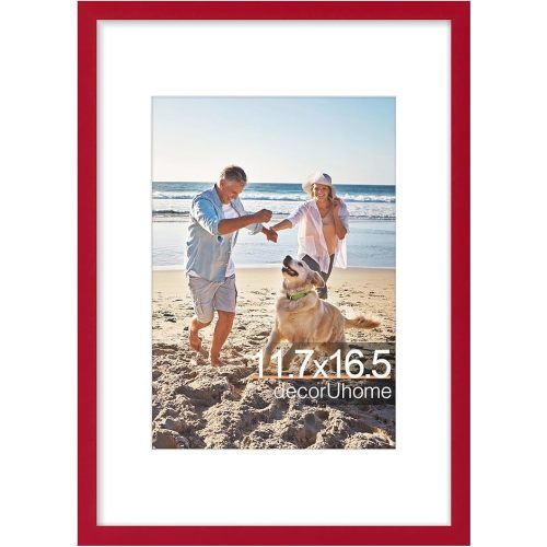 decorUhome A3 Picture Frame, Display Pictures 8.3x11.7 with Mat or 11.7x16.5 without Mat, Wall Mounting Photo Frame, Red, 1 Pack
