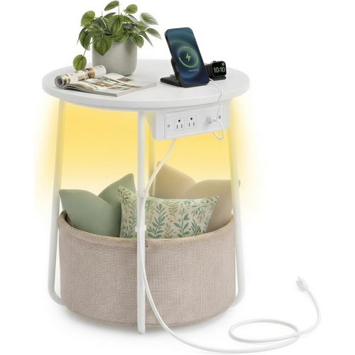VASAGLE LILEA Collection - Side Table with Charging Station, Round End Table with Fabric Basket, LED Nightstand with USB Ports, Modern, for Living Room, Matte White and Camel Brown ULET227W01