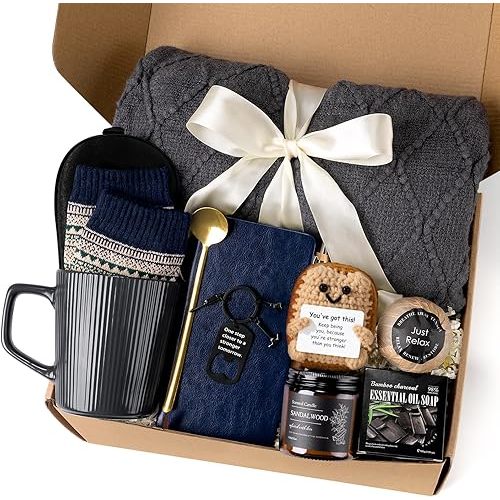Get Well Soon Gift Baskets for Men, Birthday Gifts Basket for Men, Self Care Package with Plush Blanket Ceramic Mug Socks, Thinking Of You/After Surgery/Sympathy Gifts for Men Dad Brother Husband
