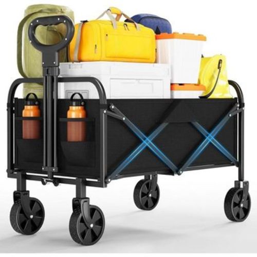 Foldable Utility Wagon with All-Terrain Wheels, 200LBS Capacity, Collapsible Wagon Carts w/ Drink Holders & Adjustable Handle for Camping & Shopping