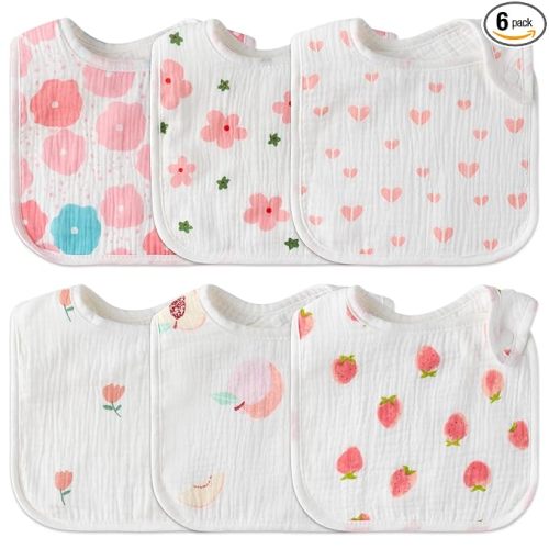 Zainpe 6Pcs Snap Muslin Cotton Baby Bibs Flowers Strawberry Patterns Infants Drooling Bib Soft Absorbent Adjustable Feeding Burp Cloths for Newborns Boy Girl Toddlers Teething Eating 0 to 36 Months