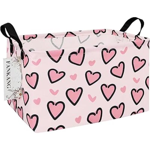 FANKANG Storage Bins, Nursery Hamper Canvas Laundry Basket Foldable with Waterproof PE Coating Large Storage Baskets for Kids Boys and Girls, Office, Bedroom, Clothes,Toys(Rec-Pink Love ）