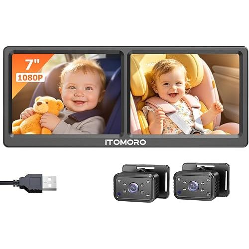Itomoro Baby Car Camera for 2 Kids – 7" HD 1080P Split Screen, USB Powered Dual Car Camera Monitor with 150° Wide View & IR Night Vision, 360° Adjustable, Easy USB Installation for SUVs/Minivans