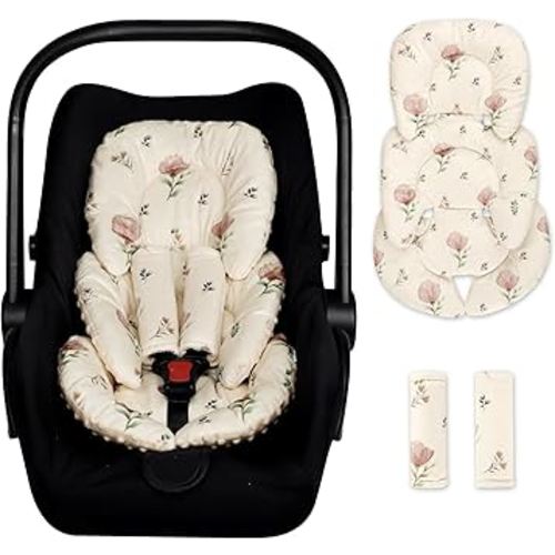 Infant Car Seat Insert with 2 Strap Pads, Super Soft Carseat Head and Body Support for Baby Boys and Girls, Reversible Newborn Car Seat Insert Cushion for Strollers, Bouncers, Swing, Simple Flowers