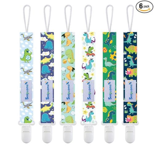 Smlpuame Baby Pacifier Clip for Boys Girl,6 Pack Stylish Binky Clips Strap,Paci Holder with Clips Universal Lightweight Fits Most Pacifiers Teeher Toy Teething Ring Soothie,Baby Gifts(Dinosaur-2)