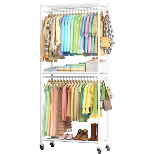 Sakugi Clothes Rack - 33.0" x 12.2" x 79.5" Clothing Rack with Shelves & Wheels, Multi-Functional Wardrobe Closet with Hooks, Sturdy Metal Garment Rack for Bedroom, Laundry, Balcony (White)