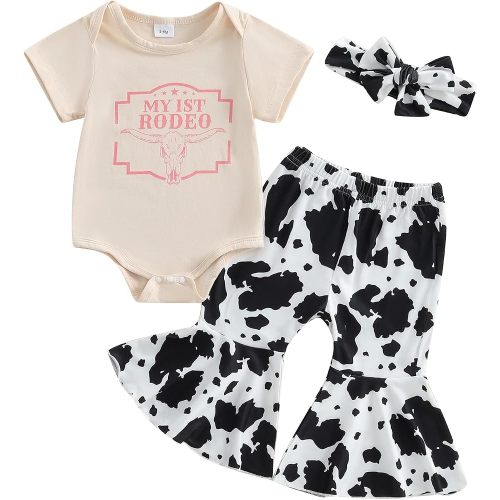 SAYOO Western Baby Girl Clothes Boots or Bows Letter Bodysuit Romper Cow Print Flared Pants Headband Cowgirl Country Outfit