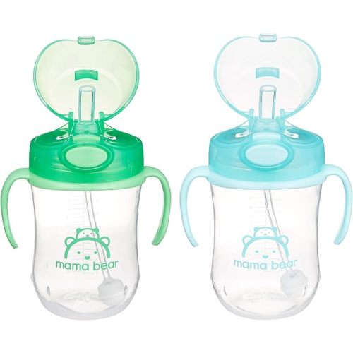 Mama Bear Sippy Cup, Silicone, 9 Ounces | Weighted Straw | Pack of 4 | Blue/Green