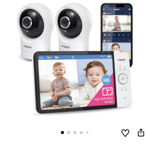 VTech RM7764-2HD Smart WiFi 2 Camera BabyMonitor, 360° Pan&Tilt, 10X Zoom, 7” HD Display & NightVision, Soothing Sounds, 2-Way Talk, Temperature & Motion Detection