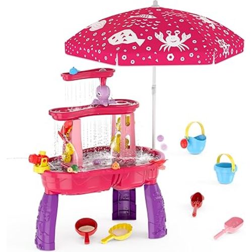 HYES Water Table for Toddlers 3-5, 3-Tier Kids Splash Sand Table Water Toys with Umbrella, Rain Showers Splash Pond for Outdoor Beach Backyard Summer, Activity Sensory Playset for Boys Girls, Red
