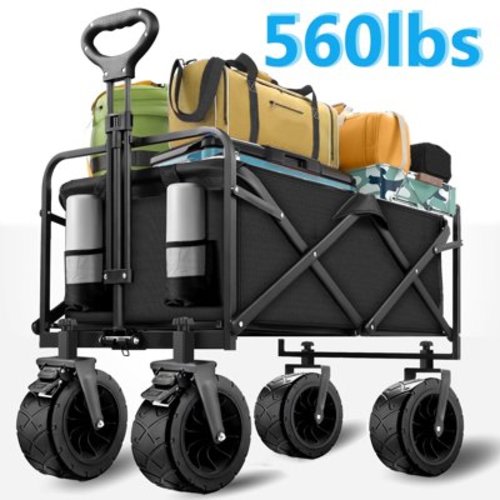 Qunler 560lbs Collapsible Folding Wagon, Big Bucket Beach Cart, Heavy Duty Large Capacity Garden Wagon with All-Terrain Brake Wheels for Outdoor Camping, Shopping, Sports, Grocery, Kids, Black