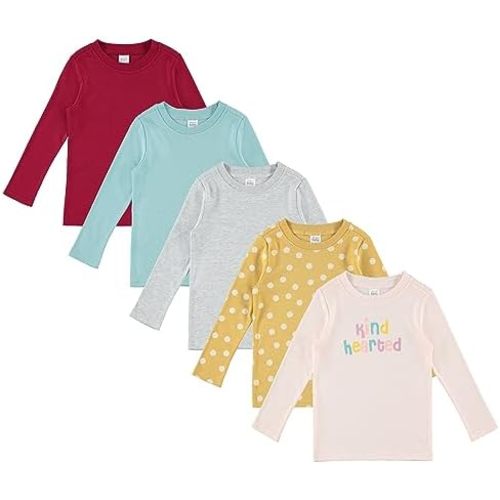 Cudlie 5-Pack Infant/Toddler Girl Long Sleeve Shirt - Basic Baby Tees, Blouses, Tops - Solid Print & Ruffled Tshirts