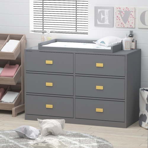 KULAGAGA Children 6 Drawer Dresser with Changing Top, Ideal for Nursery and Kids Room, Gray