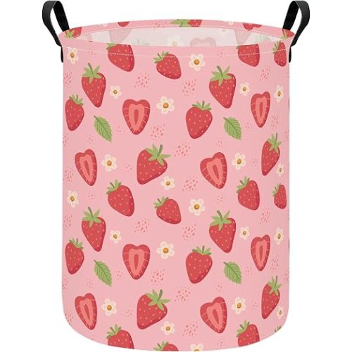 Round Laundry Basket Collapsible Storage Hamper Flower Strawberry