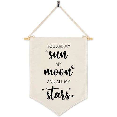 Nursery Wall Art, My Sun My Moon and All of My Stars Canvas Hanging Pennant Flag, Birthday Christmas Gifts for Baby Kids Girls and Boys, Playroom Bedroom Front Door Décoration