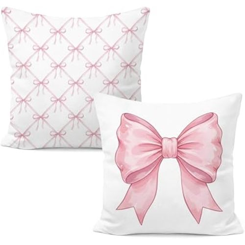 Coquette Pink Bow Pillow Covers 18x18, Coquette Room Decor, Preppy Chic Pink Bowknot Decorative Throw Pillow Covers for Baby Girls Nursery Room Bedroom Home Sofa Couch, Set of 2
