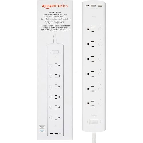 Amazon Basics Smart Plug Power Strip with 6 Individually Controlled Outlets and 3 USB Ports (2 USB-A and 1 USB-C), Works with Alexa Only, 2.4 GHz Wi-Fi, No Hub Required, White