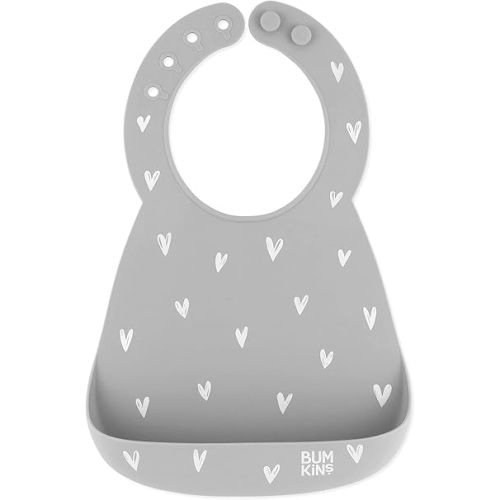 Bumkins Bibs, Silicone Pocket for Babies, Baby Bib for Girl or Boy, for 6-24 Months Up to Toddler, Essential Must Have for Eating, Feeding, Baby Led Weaning Supplies, Mess Saving, Gray Hearts