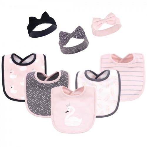 Hudson Baby Infant Girl Cotton Bib and Headband or Caps Set 8pk, Swan, One Size