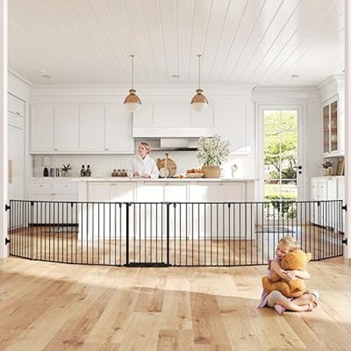 190" Extra Wide Baby Gate Playpen, Adjustable Baby Fence Play Yard, Long Dog Gates Indoor for Stair Doorway Fireplace, Large Child Gate for Toddler Kid Pet, Family Essentials Safty Gate, Black